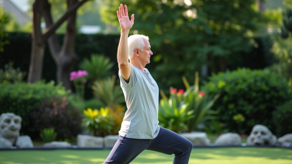 Individual performing yoga or tai chi in serene garden environment, showing intentional mindful movement practice for body-mind connection and therapeutic benefit