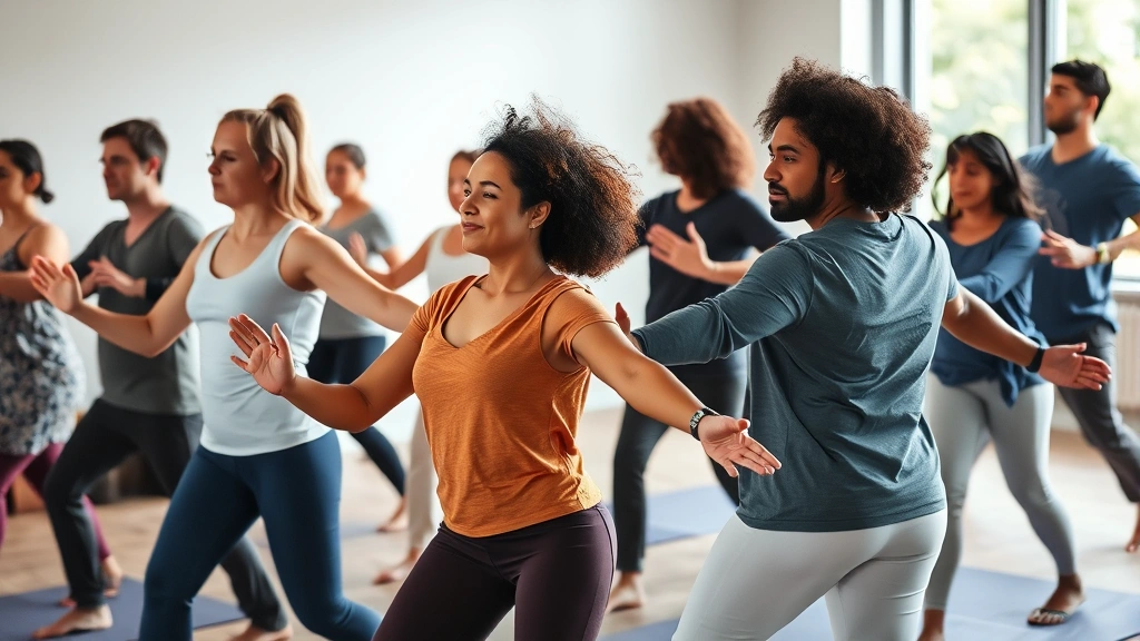 Group of diverse people engaged in synchronized therapeutic movement in calming environment, showing motivation and emotional connection to practice, peaceful atmosphere