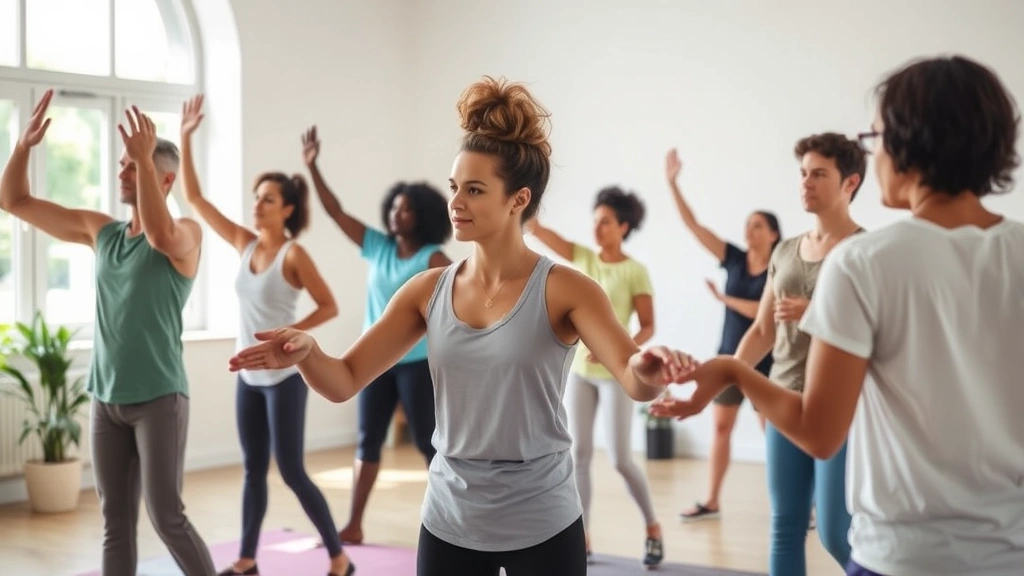 Group of diverse people engaged in guided movement therapy session in bright wellness studio, illustrating community-based integrative mental health practice and motivation