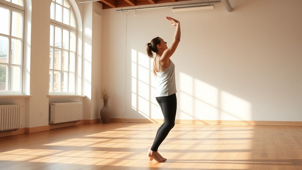 Individual practicing intentional movement in bright studio space, body in flowing motion demonstrating nervous system regulation technique, peaceful focus, therapeutic movement environment