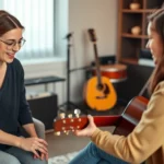 A professional music therapist in a modern clinical office guiding a calm patient playing acoustic guitar during a one-on-one session, soft warm lighting, contemporary therapy room with musical instruments visible in background