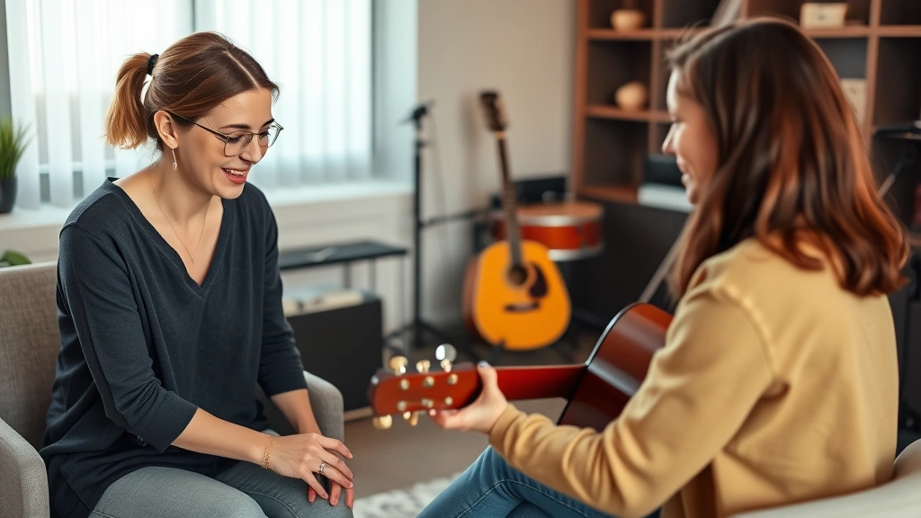 A professional music therapist in a modern clinical office guiding a calm patient playing acoustic guitar during a one-on-one session, soft warm lighting, contemporary therapy room with musical instruments visible in background