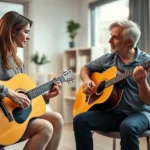 A music therapist playing acoustic guitar with a patient in a bright, modern mental health clinic, warm lighting, therapeutic atmosphere, genuine interaction