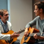 Professional music therapist conducting session with adult client in modern clinical office, client holding acoustic guitar, warm lighting, focused therapeutic interaction, no text visible