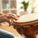 Close-up of hands playing wooden drum or percussion instrument in warm clinical therapy room setting with soft natural lighting and blurred calming background