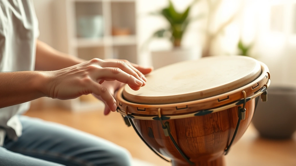 Close-up of hands playing wooden drum or percussion instrument in warm clinical therapy room setting with soft natural lighting and blurred calming background