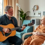 Music therapy professional playing guitar while patient listens in peaceful hospital room with natural lighting and comfortable seating