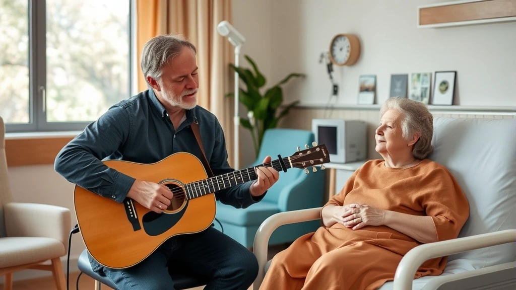 Music therapy professional playing guitar while patient listens in peaceful hospital room with natural lighting and comfortable seating
