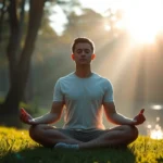 Person meditating in serene nature setting with morning sunlight filtering through trees, peaceful expression, sitting cross-legged on grass near water