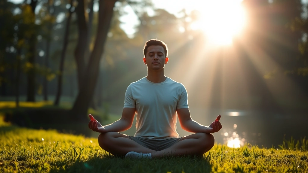 Person meditating in serene nature setting with morning sunlight filtering through trees, peaceful expression, sitting cross-legged on grass near water