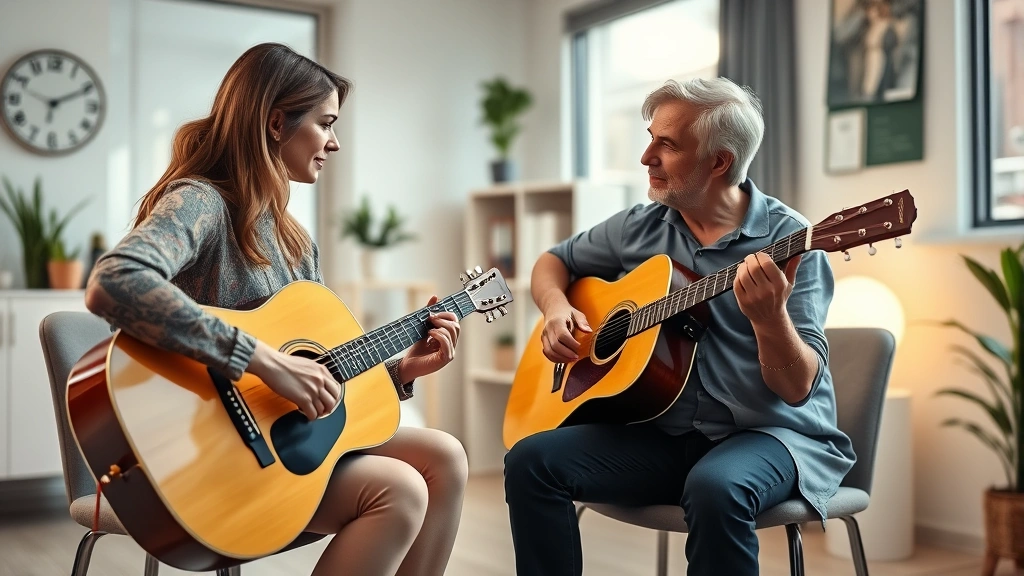 A music therapist playing acoustic guitar with a patient in a bright, modern mental health clinic, warm lighting, therapeutic atmosphere, genuine interaction