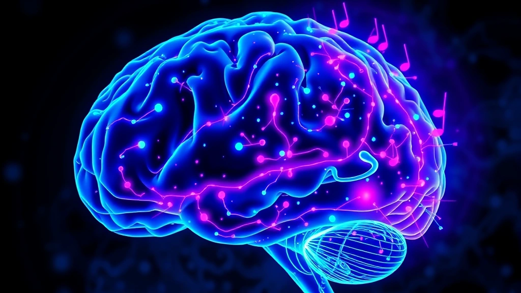 Colorful brain visualization showing neural activation patterns in response to music, blue and purple neural pathways lighting up, abstract scientific illustration style, no labels