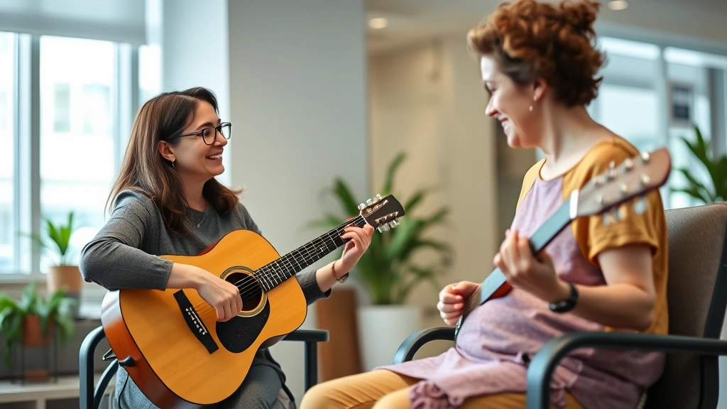 Music therapist working with diverse client in modern healthcare facility, both engaged with instruments, showing positive therapeutic interaction and connection