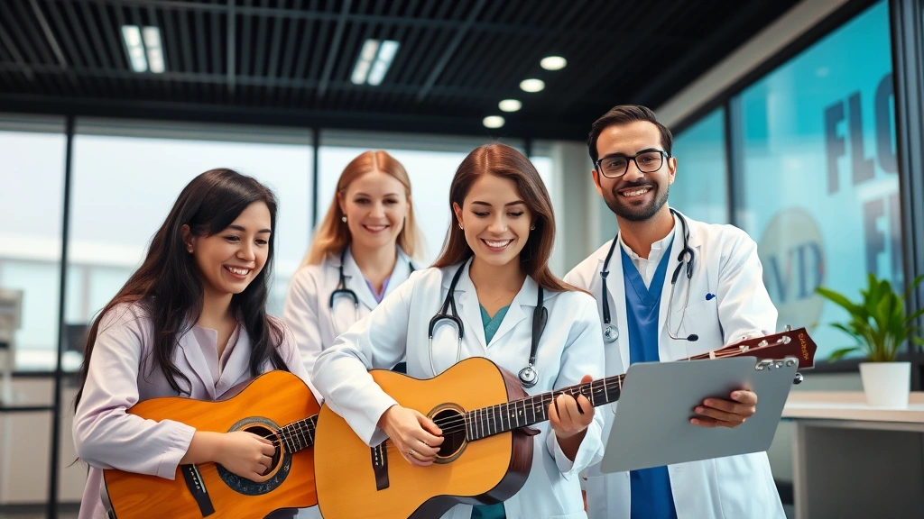 Diverse team of healthcare professionals including music therapist collaborating in modern clinical setting with technology and wellness focus