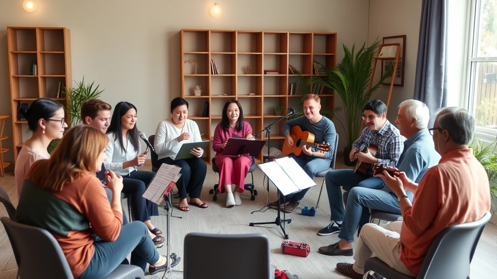 Professional music therapy session in group setting with diverse participants sitting in circle, instruments visible, calm wellness environment, natural daylight