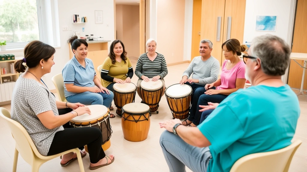 Diverse group of people sitting in circle during group music therapy drumming session in a bright healthcare facility, participants engaged and focused, drums and percussion instruments visible, collaborative healing environment