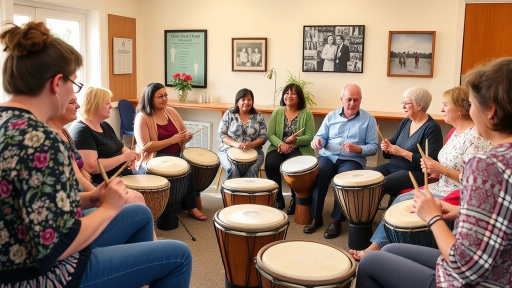 Group drumming circle in community mental health setting, diverse participants engaged with percussion instruments, supportive atmosphere, natural daylight, no identifying information