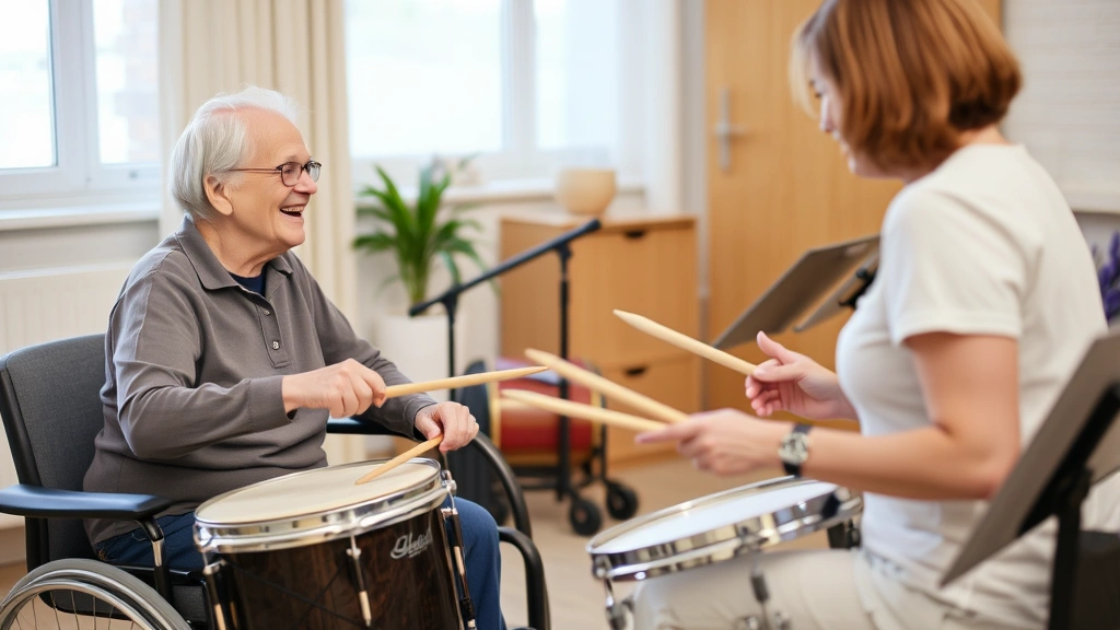Music therapy session in rehabilitation center showing therapist using drums with elderly patient demonstrating engagement and therapeutic interaction