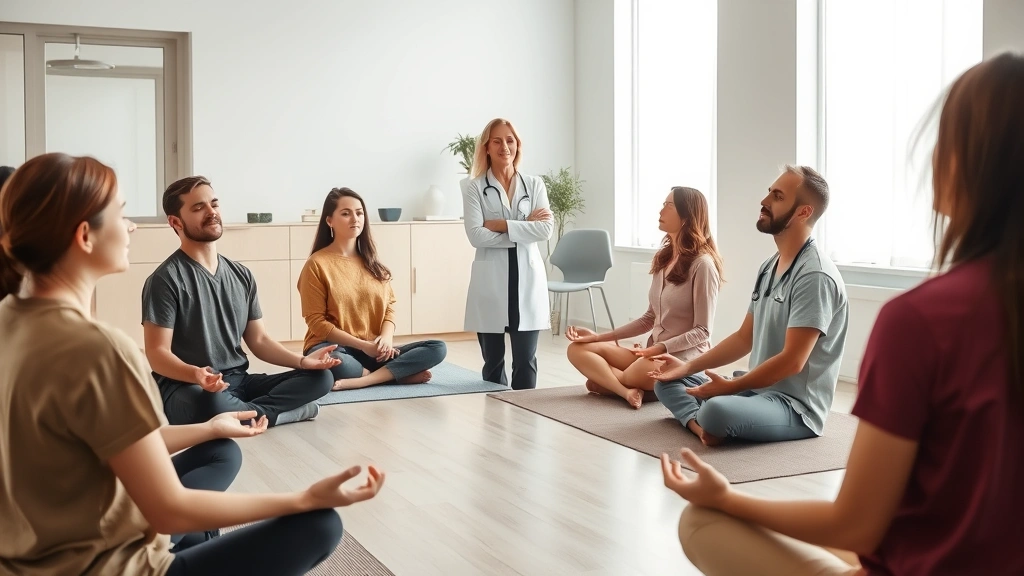 Healthcare professional leading group mindfulness session in modern clinic, diverse participants sitting peacefully with eyes closed, calming environment with natural light