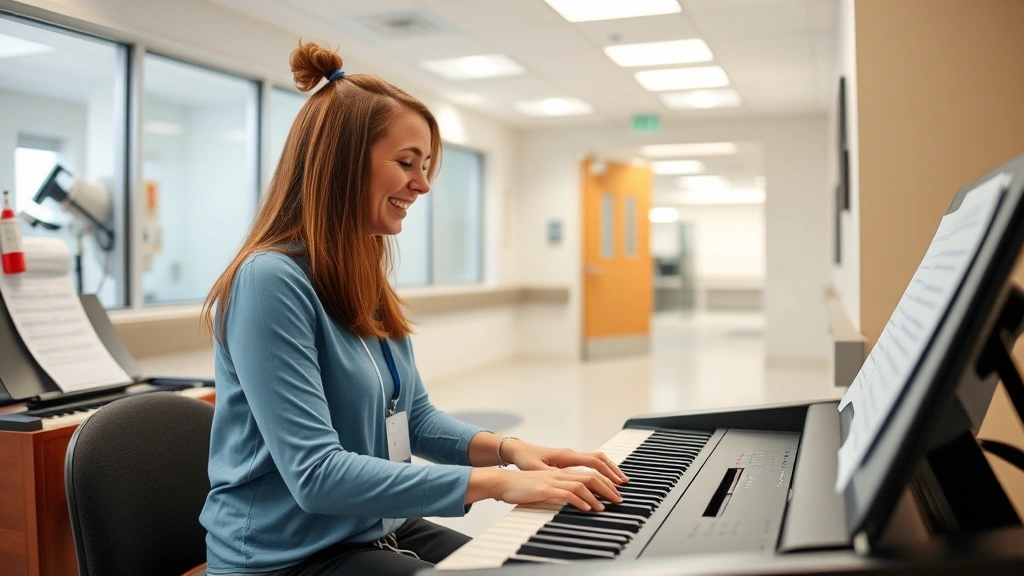 Music therapist at keyboard in psychiatric hospital setting, working with individual client, clinical yet compassionate environment, modern healthcare facility