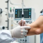 Medical professional administering IV therapy in sterile clinical setting with proper safety equipment and monitoring devices, close-up of IV line insertion with professional technique