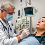 Medical professional administering intravenous infusion in sterile clinical setting with modern IV equipment and monitors visible, patient receiving treatment with calm expression