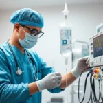 Medical professional administering intravenous therapy in clinical setting with IV bag and monitoring equipment, realistic healthcare environment