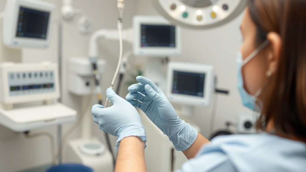 A medical professional wearing sterile gloves inserting an IV line into a patient's arm in a clinical setting with modern medical equipment visible in background, professional healthcare environment