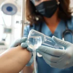 Medical professional administering intravenous therapy in a clinical wellness setting, close-up of IV line in patient's arm with clear saline solution, sterile environment with medical equipment visible but not intrusive, natural lighting from windows