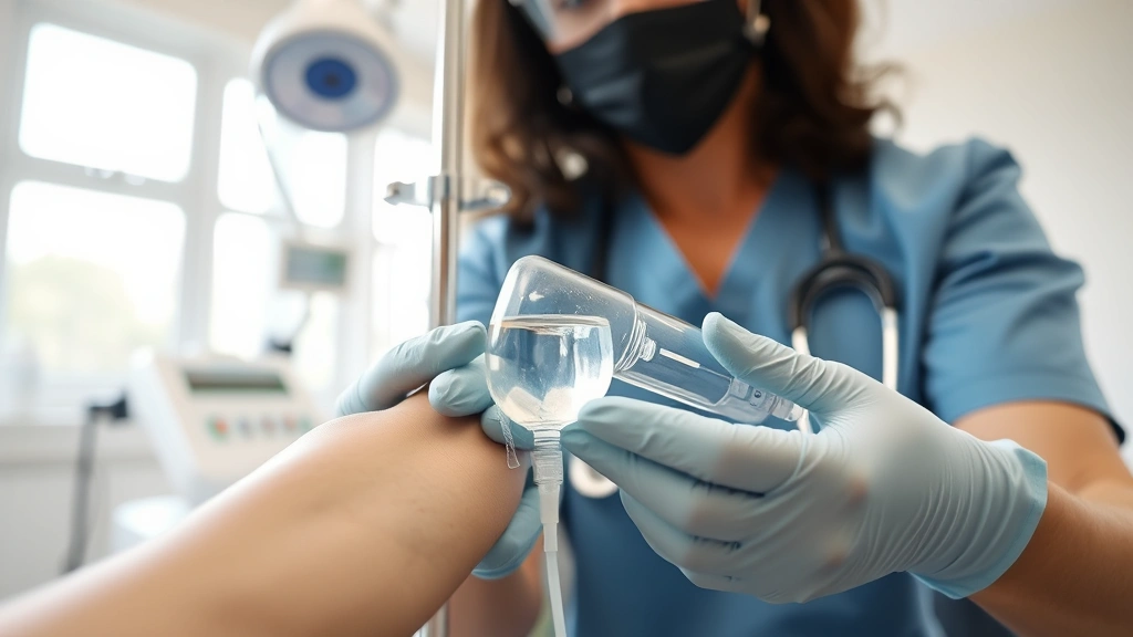 Medical professional administering intravenous therapy in a clinical wellness setting, close-up of IV line in patient's arm with clear saline solution, sterile environment with medical equipment visible but not intrusive, natural lighting from windows