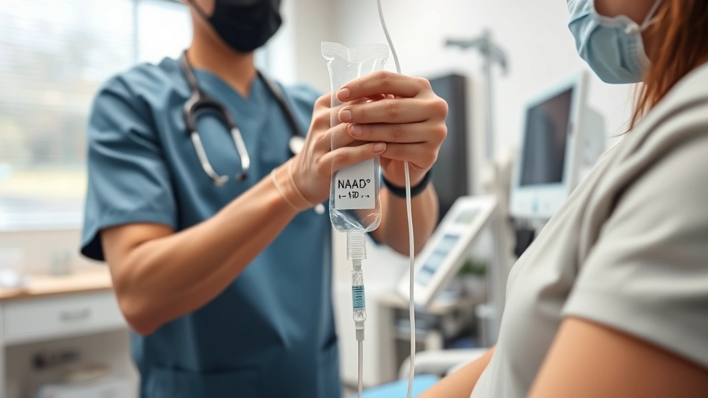 Medical professional administering intravenous NAD therapy to patient in clinical setting, close-up of IV line and drip bag, modern wellness clinic environment, natural lighting, realistic medical equipment, no text or labels visible