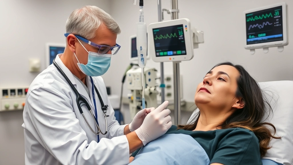 Medical professional administering intravenous infusion in sterile clinical setting with modern IV equipment and monitors visible, patient receiving treatment with calm expression