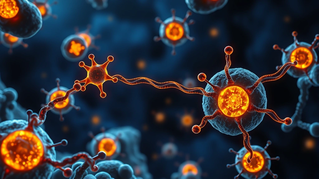 Cellular mitochondria illustration rendered in photorealistic style showing NAD molecules interacting with cellular structures, glowing energy pathways representing ATP production, deep blues and golds, scientific accuracy with artistic rendering, no text or labels