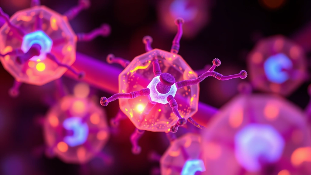 Close-up of glowing mitochondria cells with energy pathways highlighted in blue and purple, representing cellular energy production and NAD+ function at molecular level