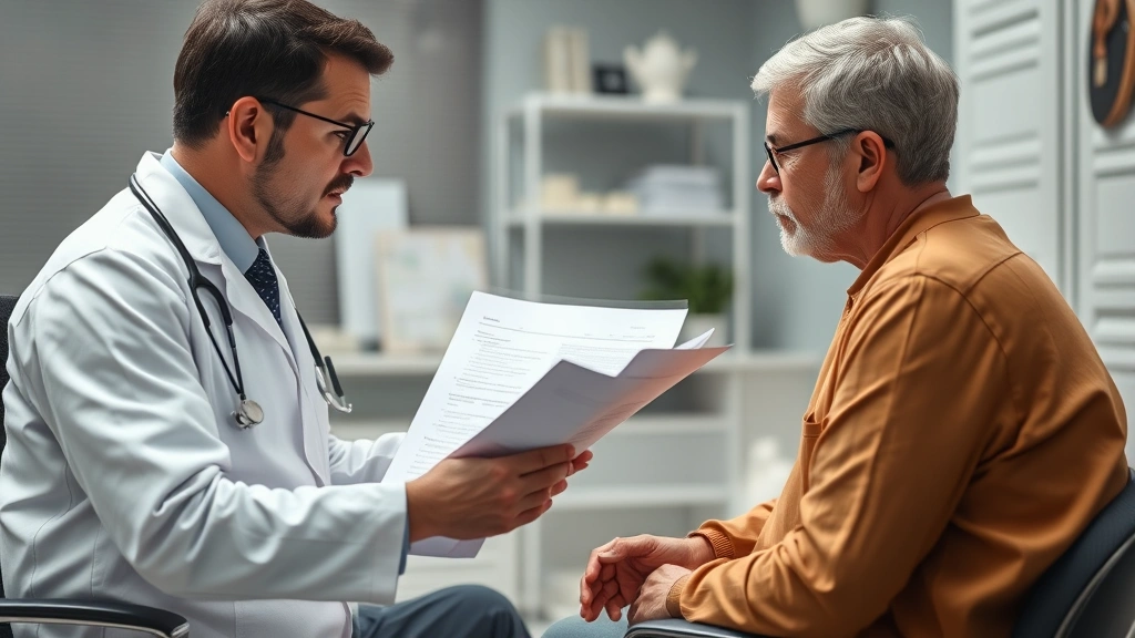 Healthcare consultation scene showing doctor reviewing medical records and discussing risks with patient in professional medical office, serious discussion about treatment safety