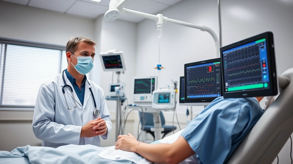 Healthcare provider monitoring vital signs and infusion equipment during an intravenous therapy session, professional medical clinic interior with modern monitoring devices
