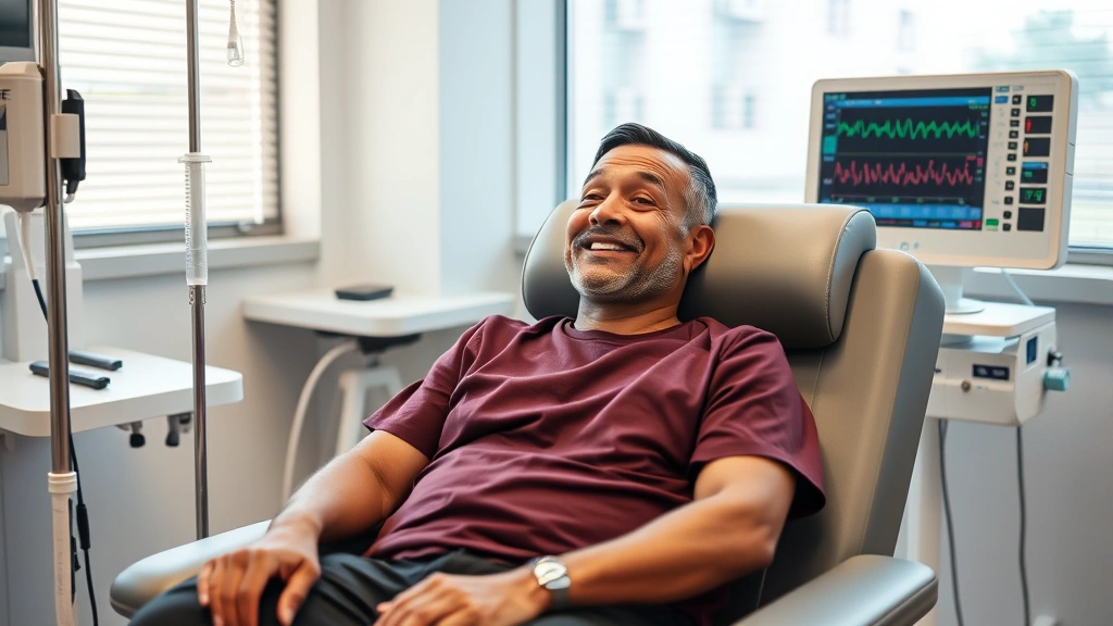 Patient sitting in comfortable medical chair during IV infusion therapy, relaxed expression, modern clinical wellness environment, natural daylight, medical monitor visible in background showing vital signs, diverse representation of patient demographics