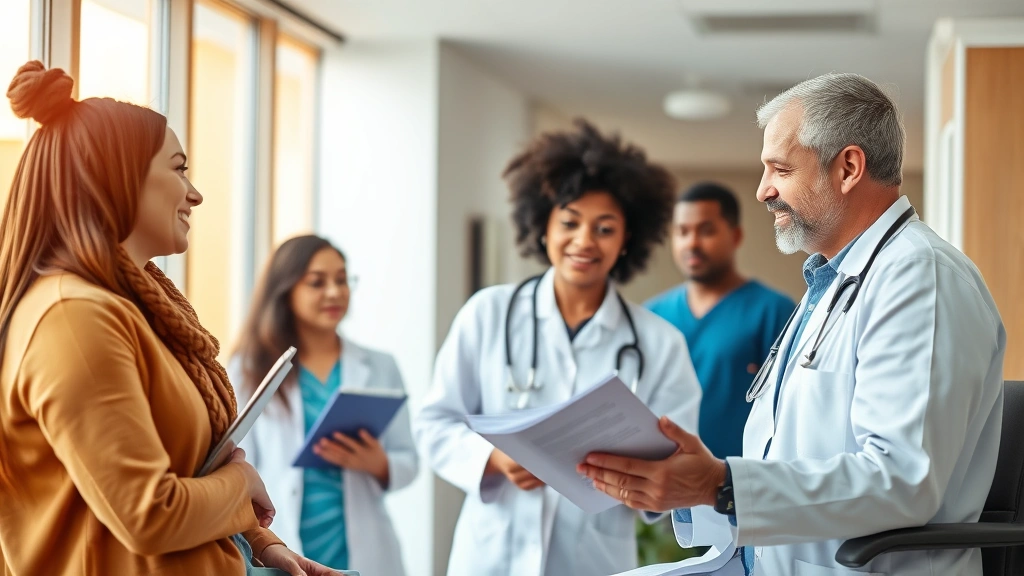 Healthcare provider consulting with patient about treatment options in modern clinic, reviewing medical information, diverse individuals in professional medical setting, natural warm lighting, no screens or text visible