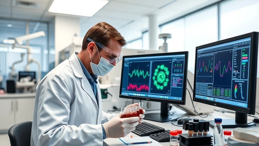 Laboratory technician analyzing blood samples in modern medical facility with advanced diagnostic equipment and computer displays showing biological data and analysis results