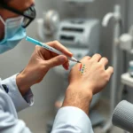 Photorealistic image of a professional allergist performing skin prick testing on a patient's forearm, showing multiple test punctures with colored markers, in a modern medical clinic setting with medical equipment visible in background