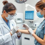 Professional allergist performing skin prick allergy testing on patient's arm in clinical laboratory setting with medical equipment visible, photorealistic professional healthcare environment