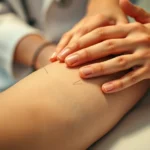 Close-up of an acupuncturist's hands performing acupressure on a patient's arm with meridian points visible, professional medical setting, warm lighting, focused technique demonstration