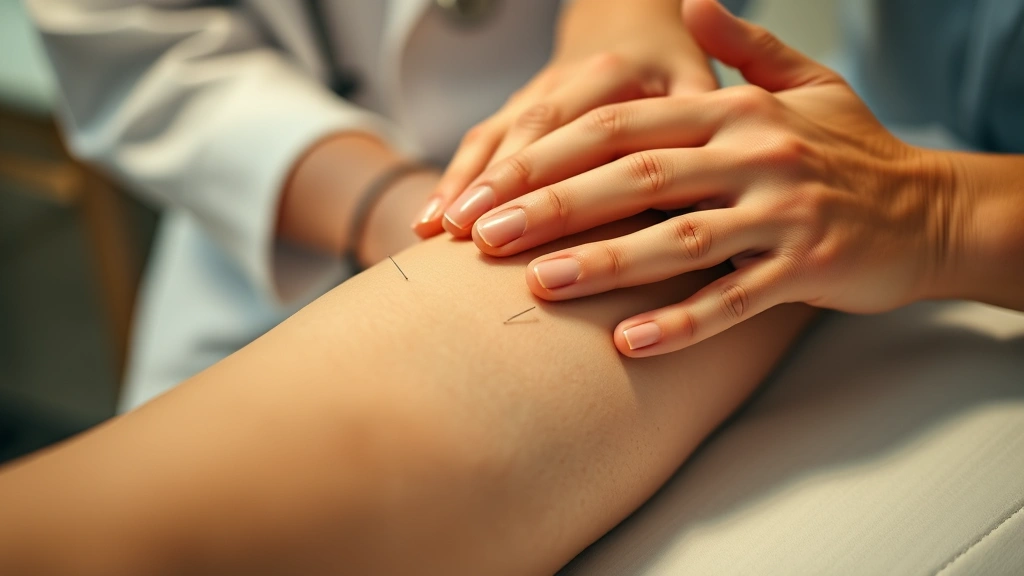 Close-up of an acupuncturist's hands performing acupressure on a patient's arm with meridian points visible, professional medical setting, warm lighting, focused technique demonstration