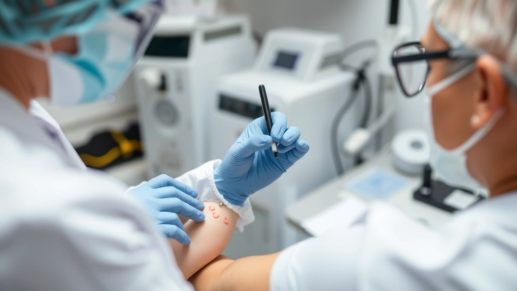 Professional allergist performing skin prick testing on patient's arm in clinical laboratory setting, showing multiple test punctures with positive reactions, medical environment with equipment visible