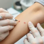 Close-up of an allergy specialist performing traditional allergy skin prick testing on a patient's forearm, showing multiple small test marks with reactions, clinical medical setting with sterile instruments