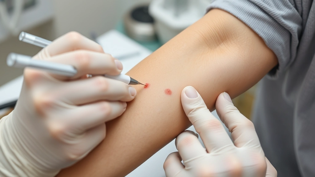Close-up of an allergy specialist performing traditional allergy skin prick testing on a patient's forearm, showing multiple small test marks with reactions, clinical medical setting with sterile instruments