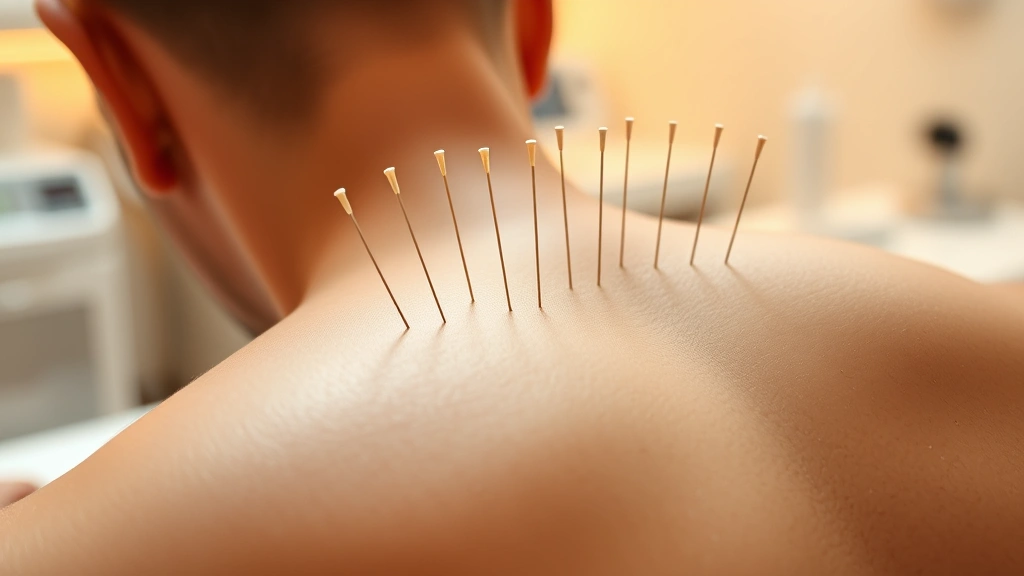 Acupuncture needles placed on a patient's back during treatment in a clinical setting, warm lighting, professional medical environment, close-up detail of meridian points
