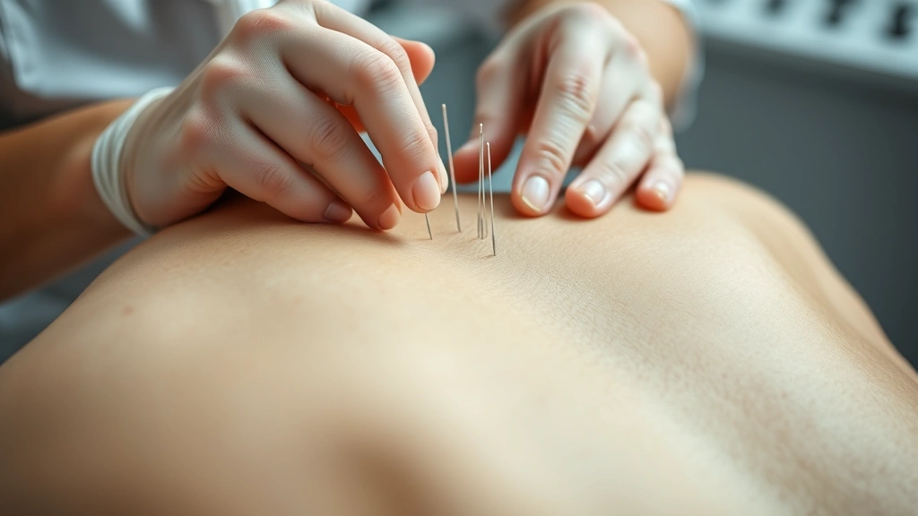 Close-up of professional acupuncturist performing treatment on patient's back with thin needles in clinical setting, demonstrating traditional medicine technique