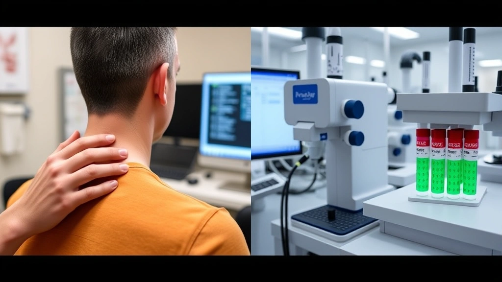 Split-screen comparison showing on left a chiropractor performing acupressure on a patient's spine during NAET treatment, and on right a modern medical laboratory with immunology equipment analyzing blood samples for allergen antibodies