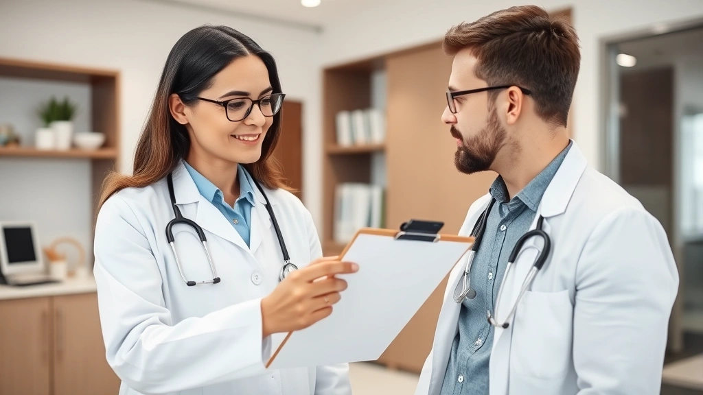 Doctor reviewing allergy test results with patient in modern medical office, showing skin prick test results or immunological data on clipboard, professional healthcare setting